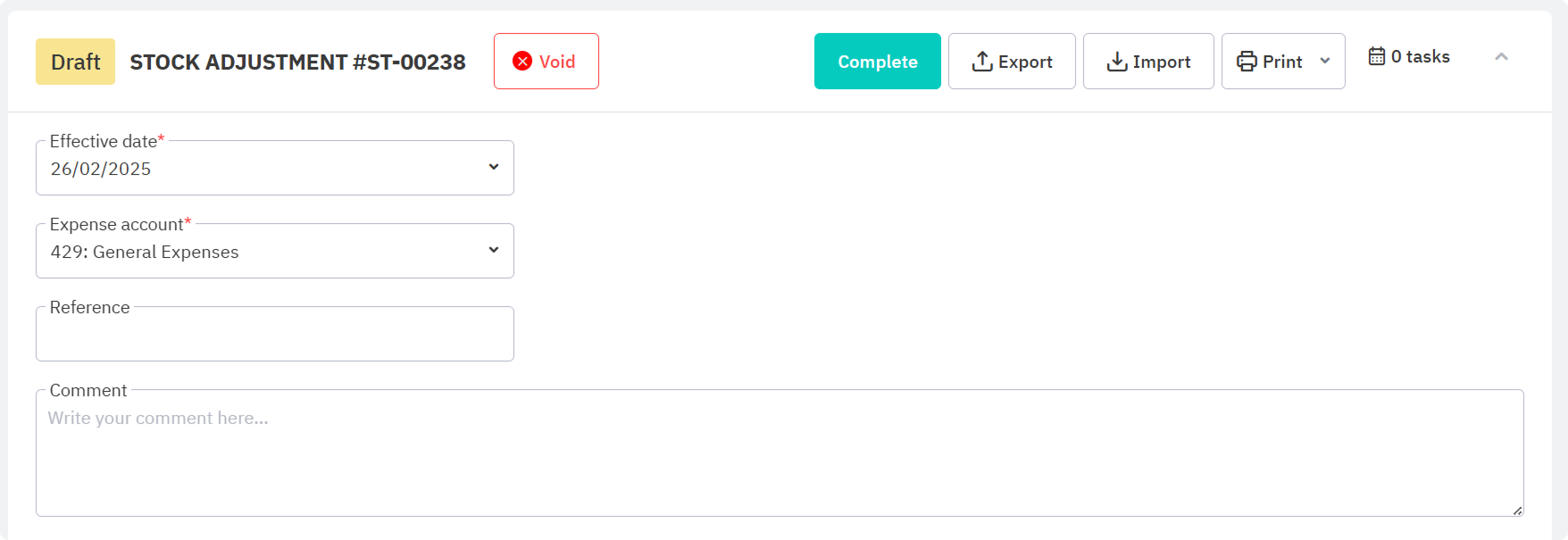 Enter stock adjustment date, account, reference, and comment