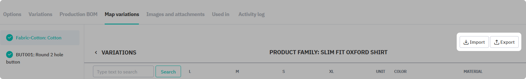 Import or export variation mapping to CSV