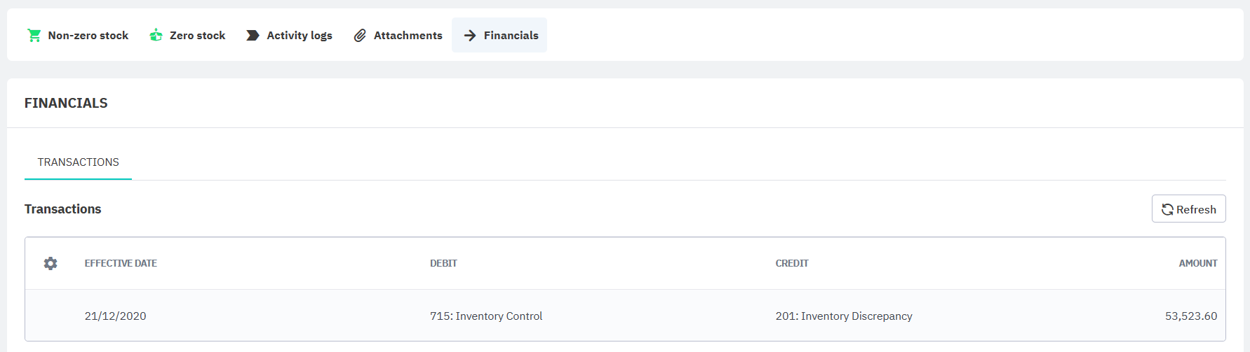 View stocktake financial transactions