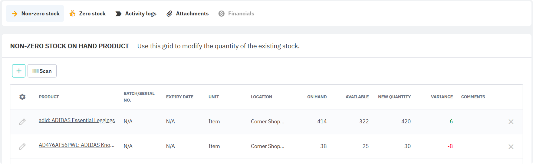Add non-zero stock to update quantities