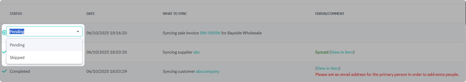 Change status from Pending to Skipped to cancel export to Xero