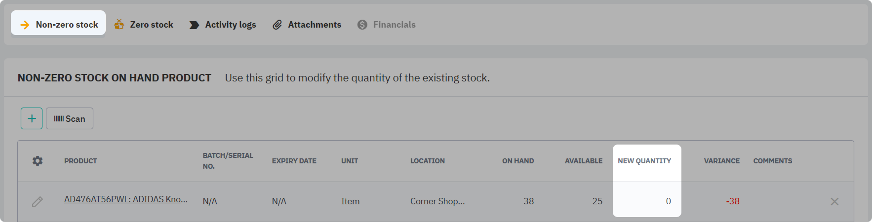 Write off stock to revalue by setting quantity to zero