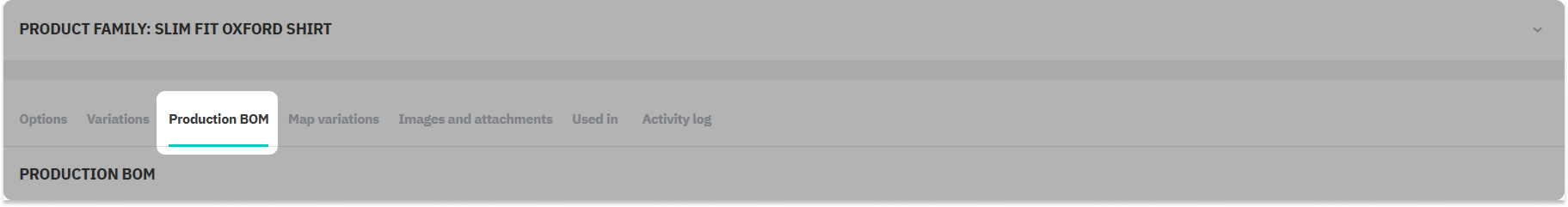 Product family production BOM tab