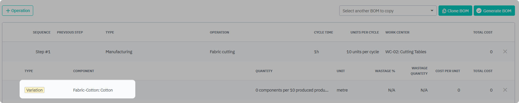 Add variation to product family BOM that changes quantity