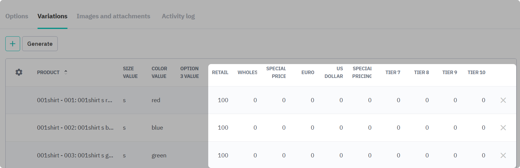 Add prices to product family variations