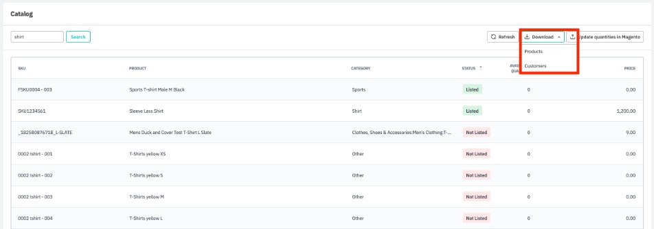Catalog tab with the Download menu open and Customers selected