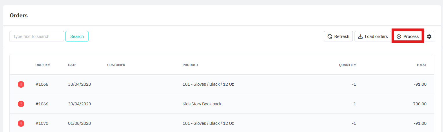 Process button in the Pending orders section