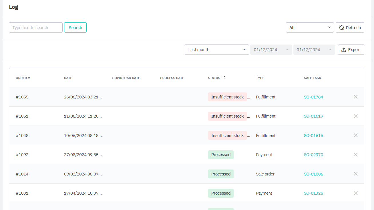 Log tab in the Magento integration