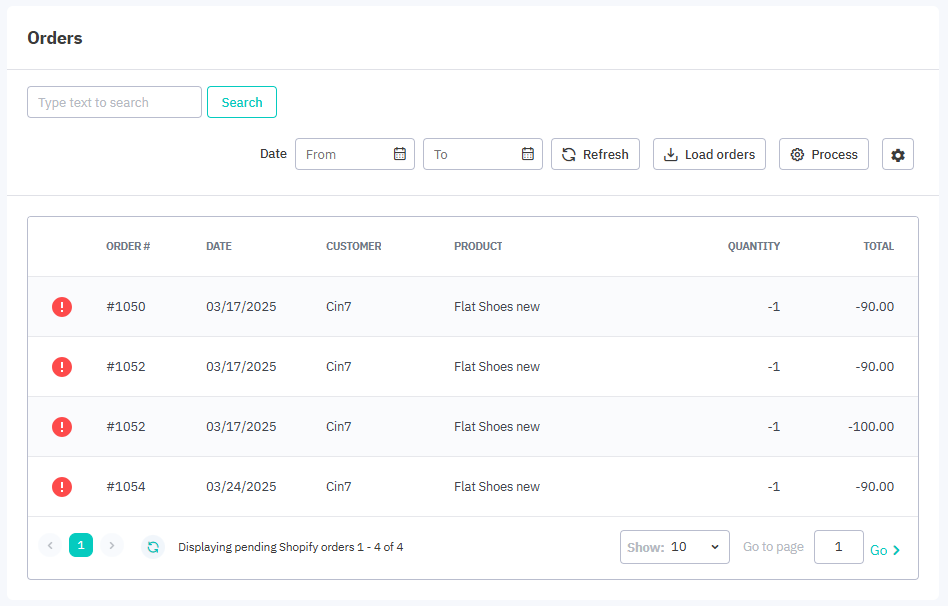 Pending orders tab in the Magento integration