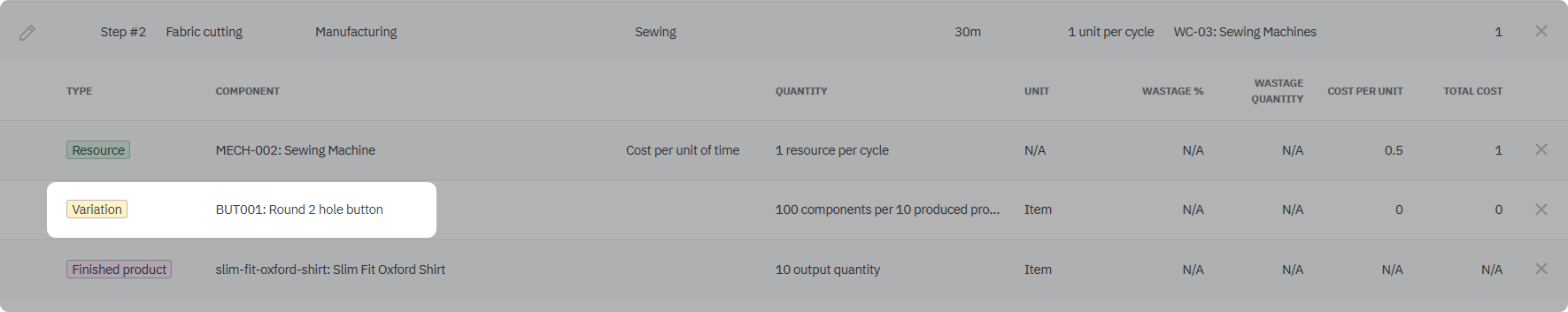 Add variation to product family BOM that does not change quantity