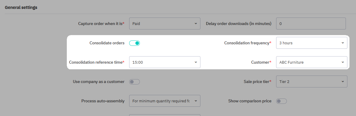 Shopify consolidation settings showing the Consolidate orders toggle, Consolidation frequency, and Consolidation reference time fields